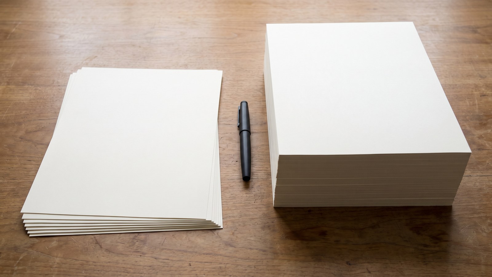Two stacks of blank paper on a wooden desk, one thin and one thick, with a pen between them