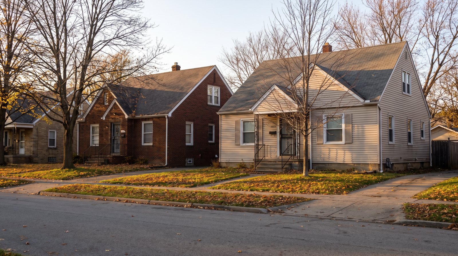 Two modest older houses side by side on a residential street, one brick and one with siding, with small front lawns in late afternoon autumn light