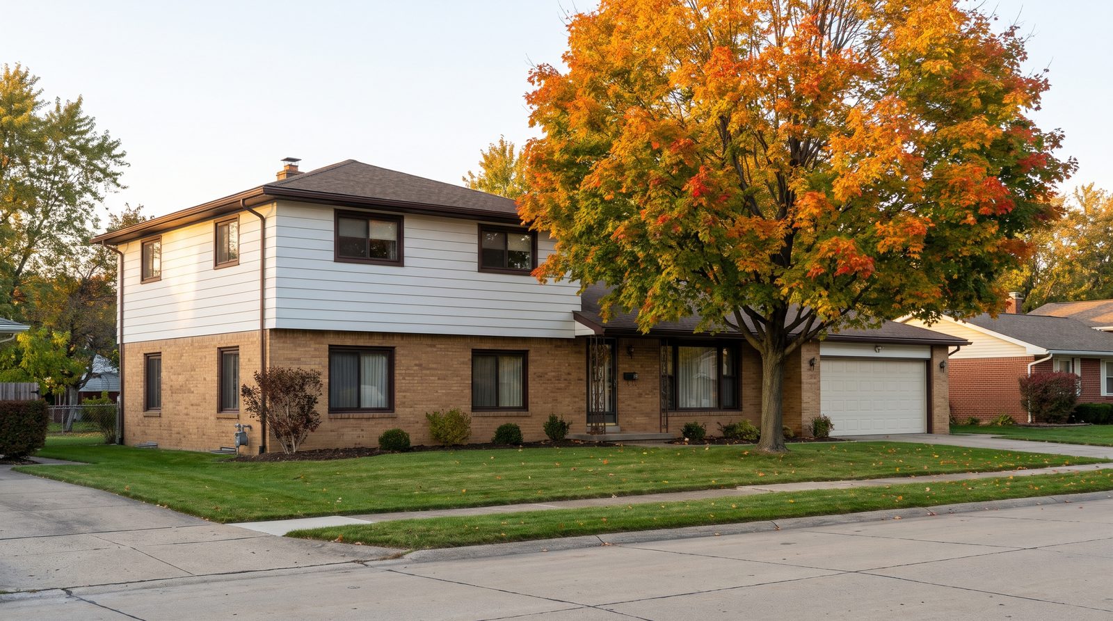 A two-story house with a tan brick lower level, white siding above and an attached garage, beside a maple tree in fall color
