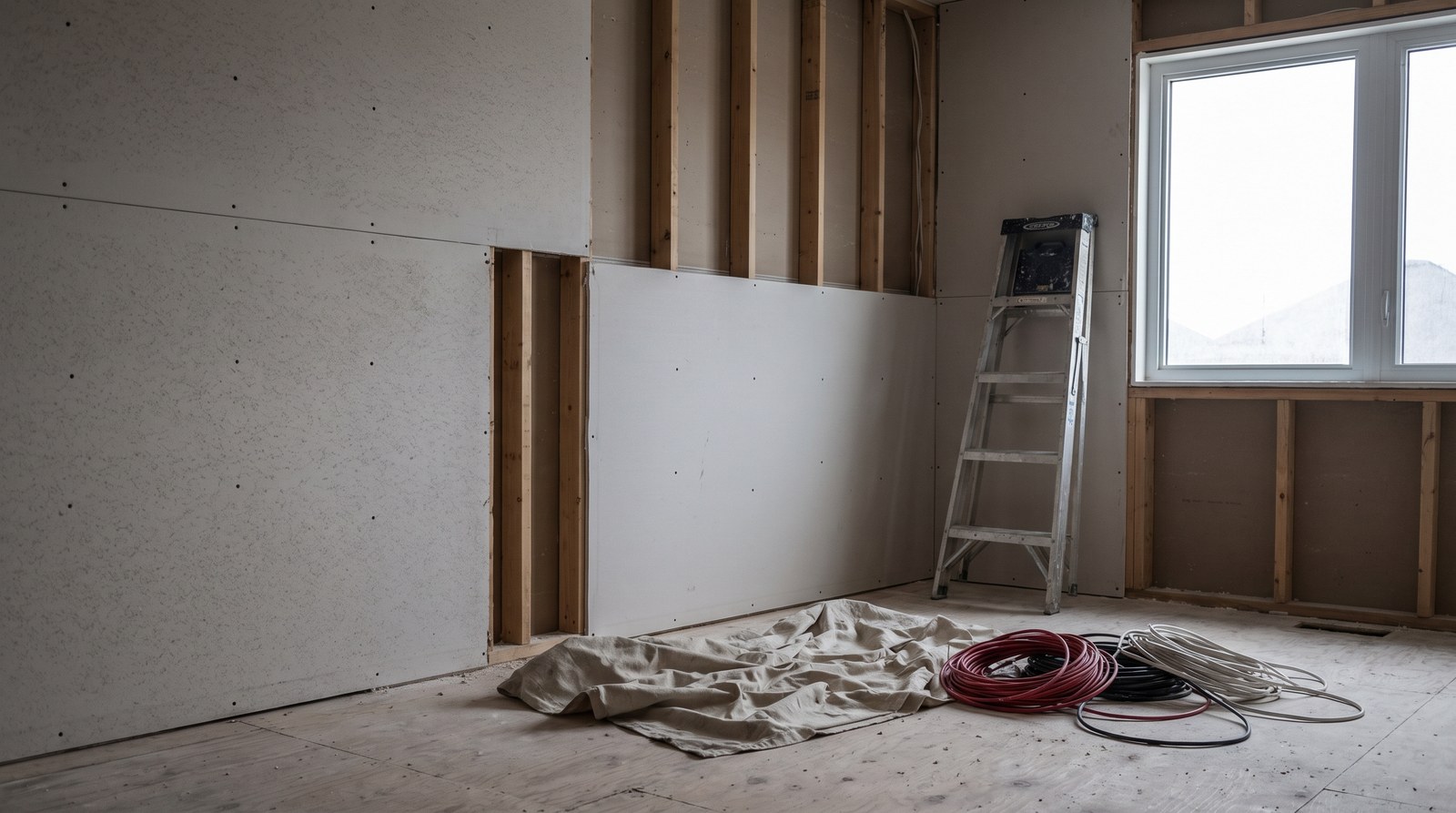 A half-finished renovation in an empty room with bare drywall partly installed, a folded step ladder against the wall and a crumpled dust sheet on the subfloor