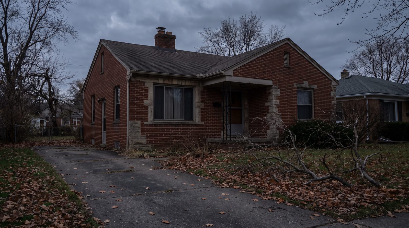 A vacant brick bungalow at dusk in late autumn with an empty driveway, fallen leaves, a downed branch and an overcast sky