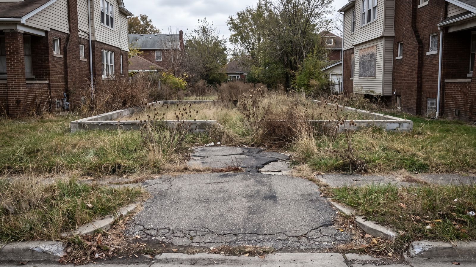 An empty urban residential lot where a house once stood, with a low concrete foundation outline visible through long weeds and a cracked driveway apron