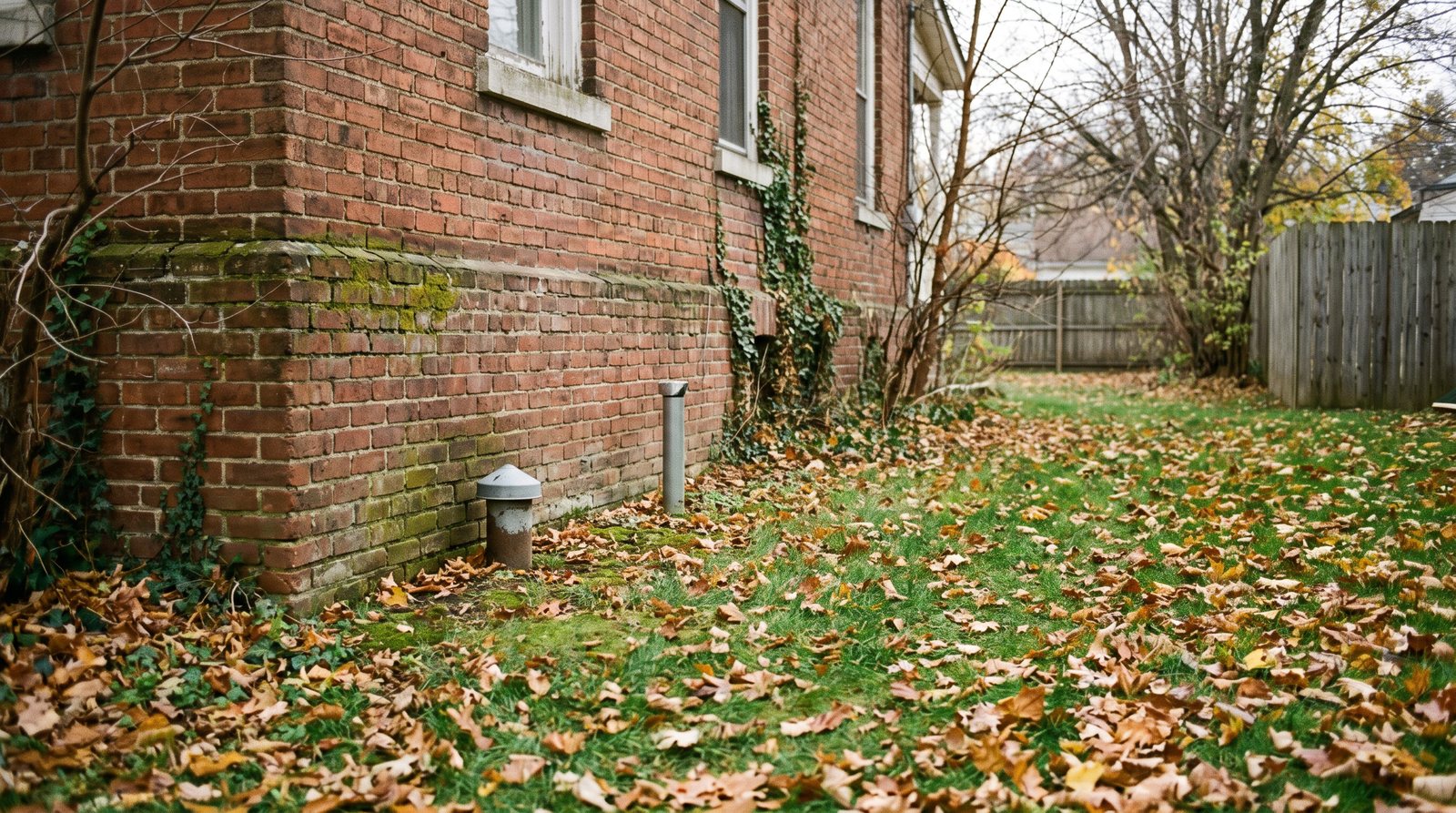 A short capped pipe and a taller narrow pipe rising out of the lawn beside the brick foundation of an older house, with fallen autumn leaves